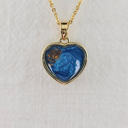 Handmade heart pendant with blue shimmer and gold sparkles, 14k gold plated chain, gift for her