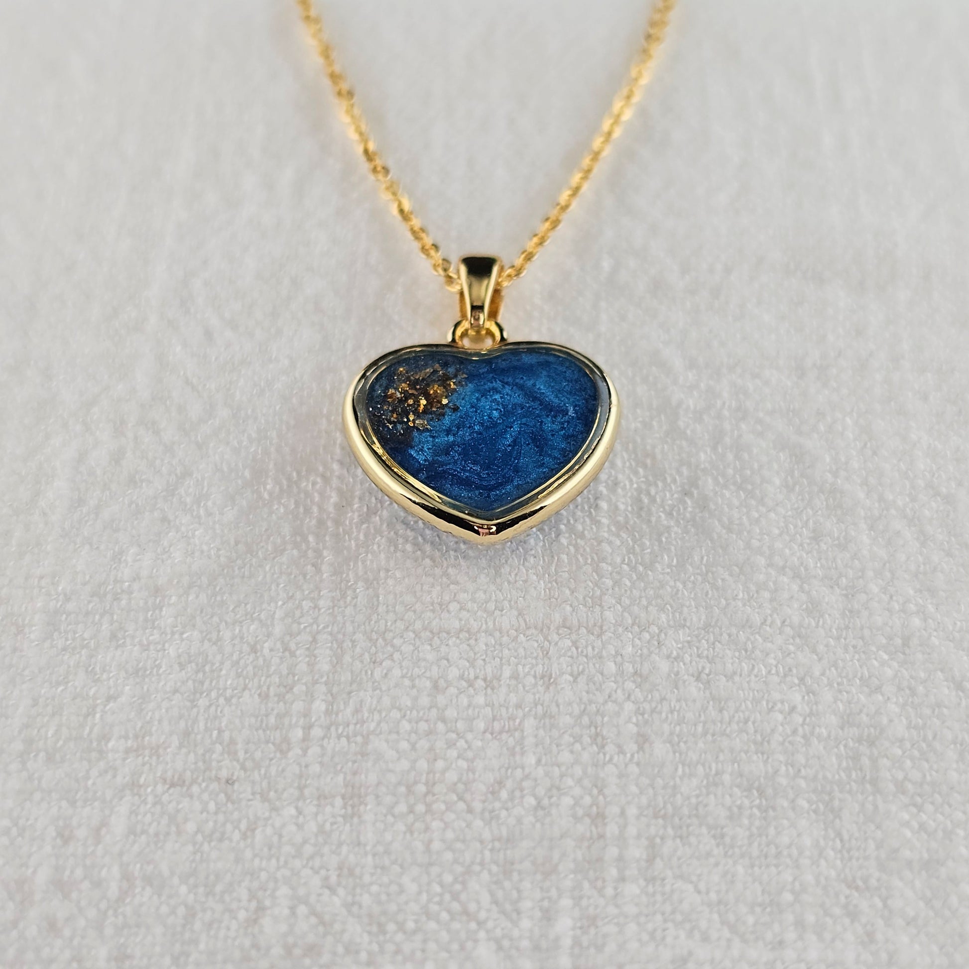 Handmade heart pendant with blue shimmer and gold sparkles, 14k gold plated chain, gift for her