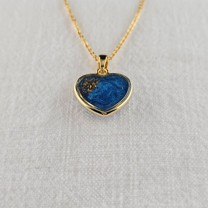 Handmade heart pendant with blue shimmer and gold sparkles, 14k gold plated chain, gift for her