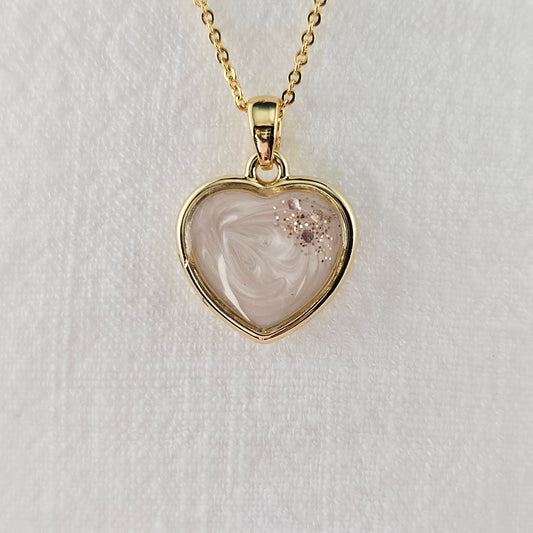 Handmade heart pendant with white shimmer and gold sparkles, 14k gold plated chain, gift for her