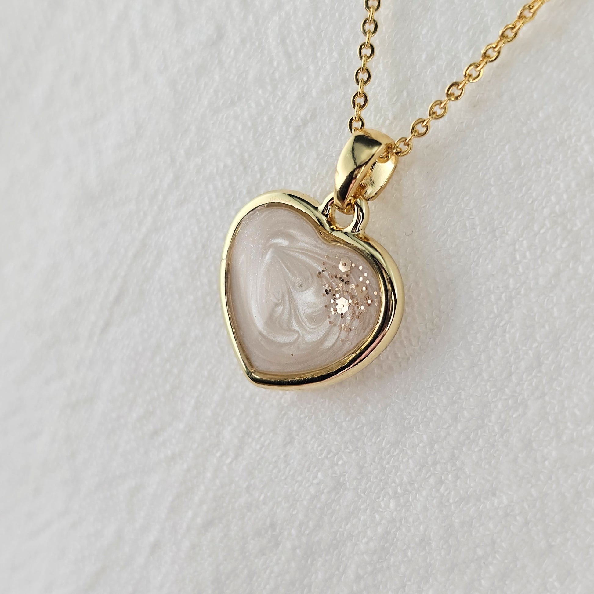 Handmade heart pendant with white shimmer and gold sparkles, 14k gold plated chain, gift for her