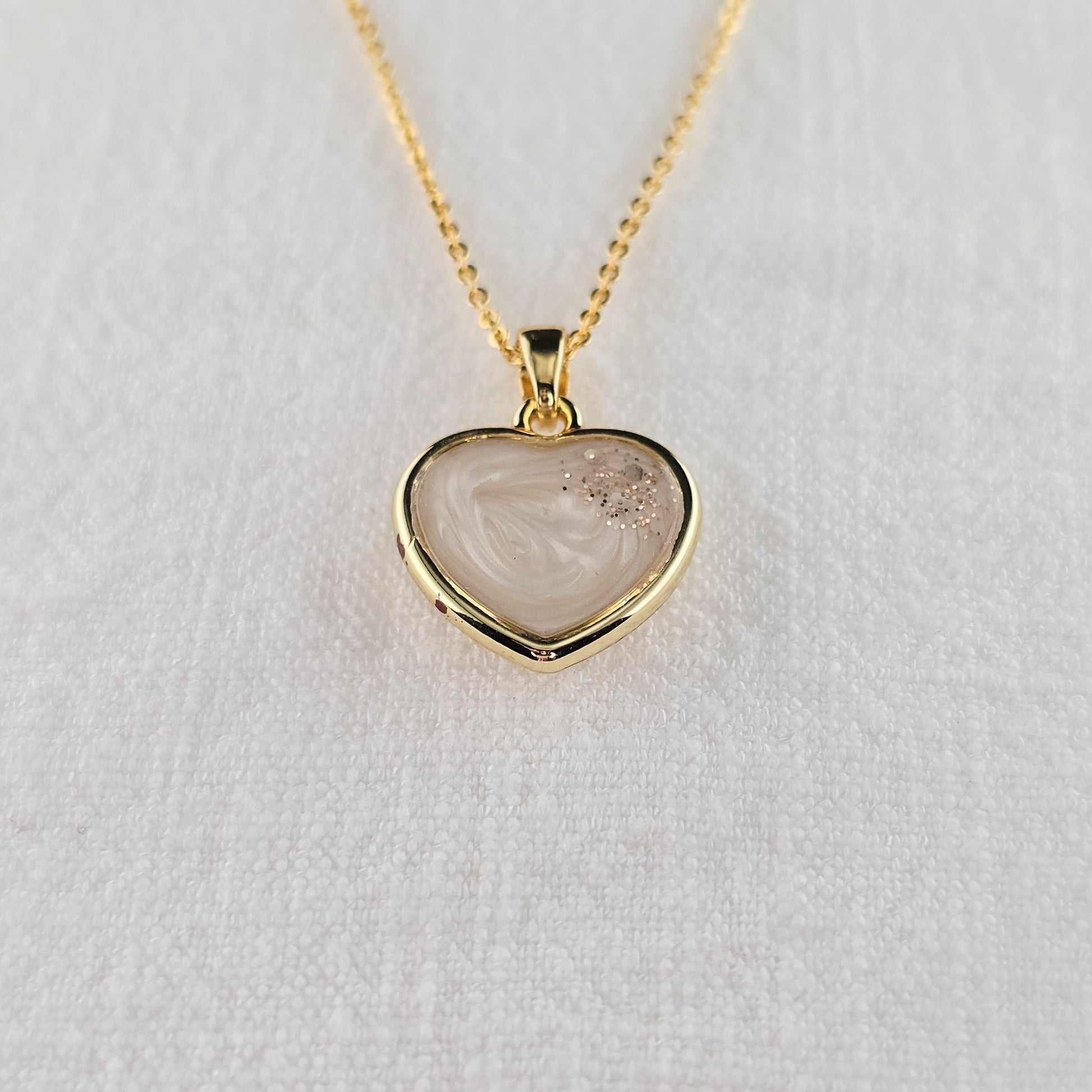 Handmade heart pendant with white shimmer and gold sparkles, 14k gold plated chain, gift for her