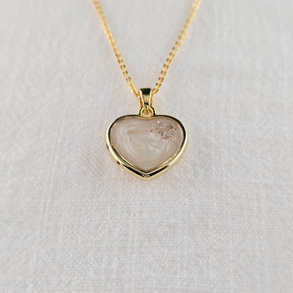 Handmade heart pendant with white shimmer and gold sparkles, 14k gold plated chain, gift for her