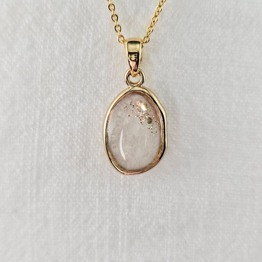 Handmade oval pendant with white shimmer and gold sparkles, 14k gold plated chain, gift for her