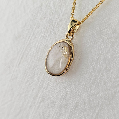 Handmade oval pendant with white shimmer and gold sparkles, 14k gold plated chain, gift for her