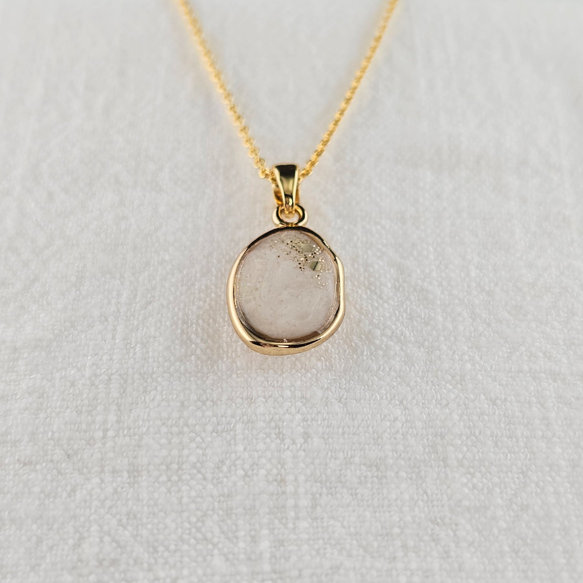 Handmade oval pendant with white shimmer and gold sparkles, 14k gold plated chain, gift for her