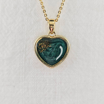 Handmade heart pendant with green shimmer and gold sparkles, 14k gold plated chain, gift for her