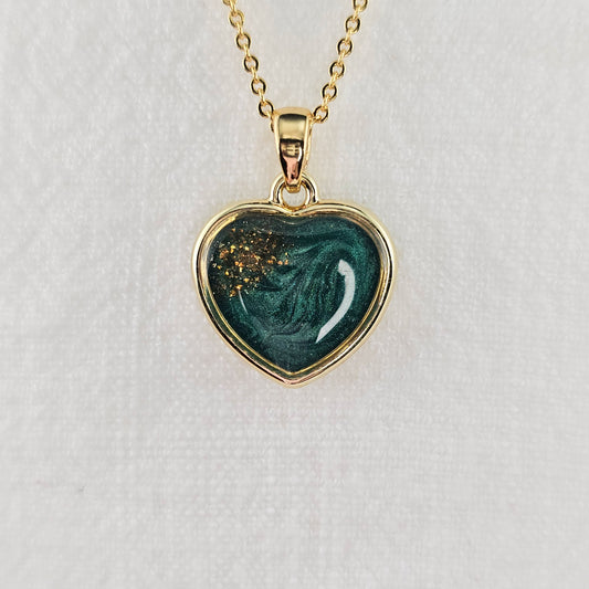 Handmade heart pendant with green shimmer and gold sparkles, 14k gold plated chain, gift for her