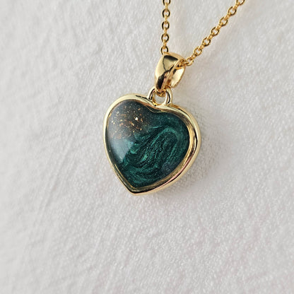 Handmade heart pendant with green shimmer and gold sparkles, 14k gold plated chain, gift for her