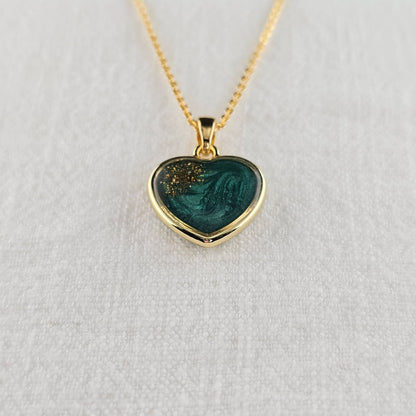 Handmade heart pendant with green shimmer and gold sparkles, 14k gold plated chain, gift for her