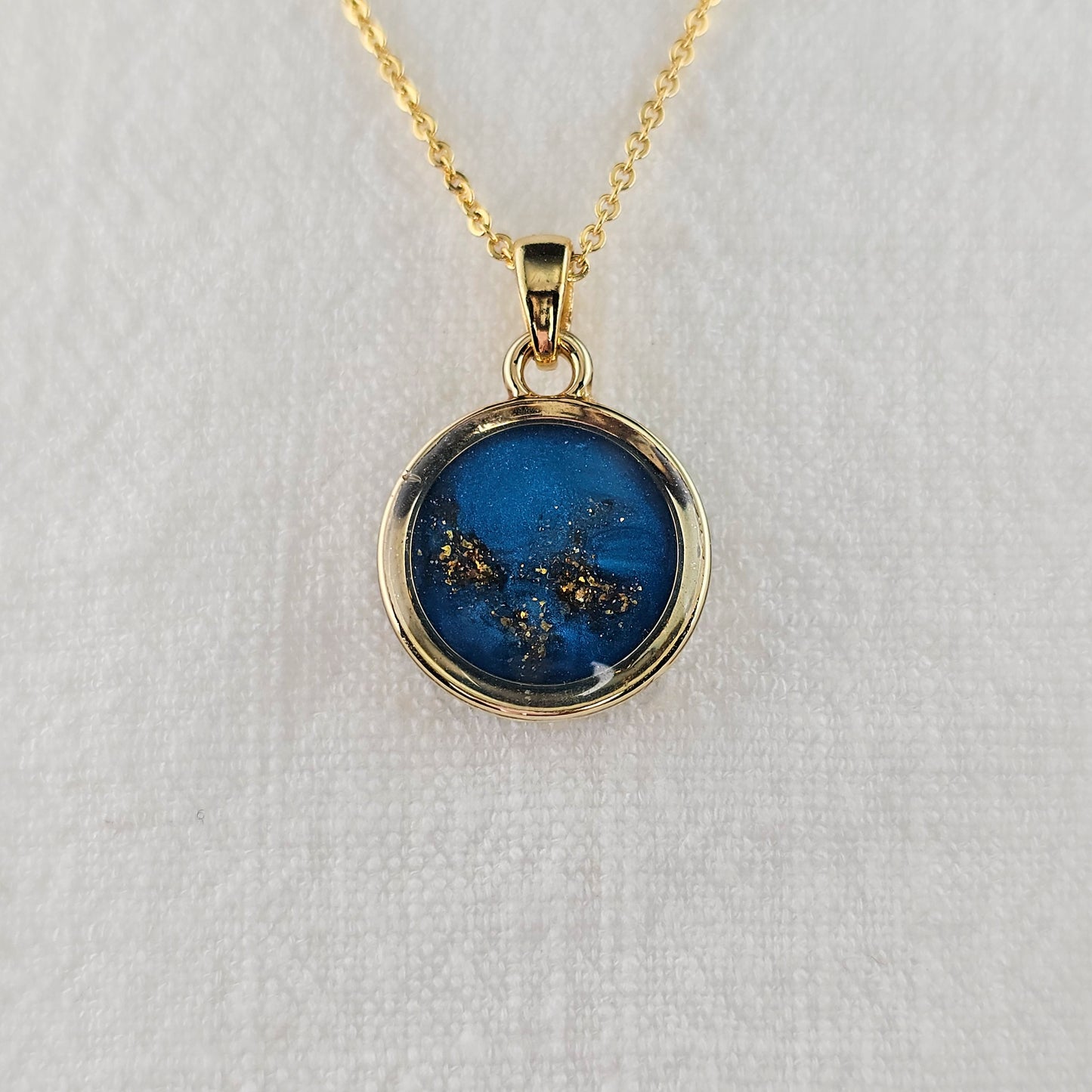 Handmade round pendant with blue shimmer and gold sparkles, 14k gold plated chain, gift for her