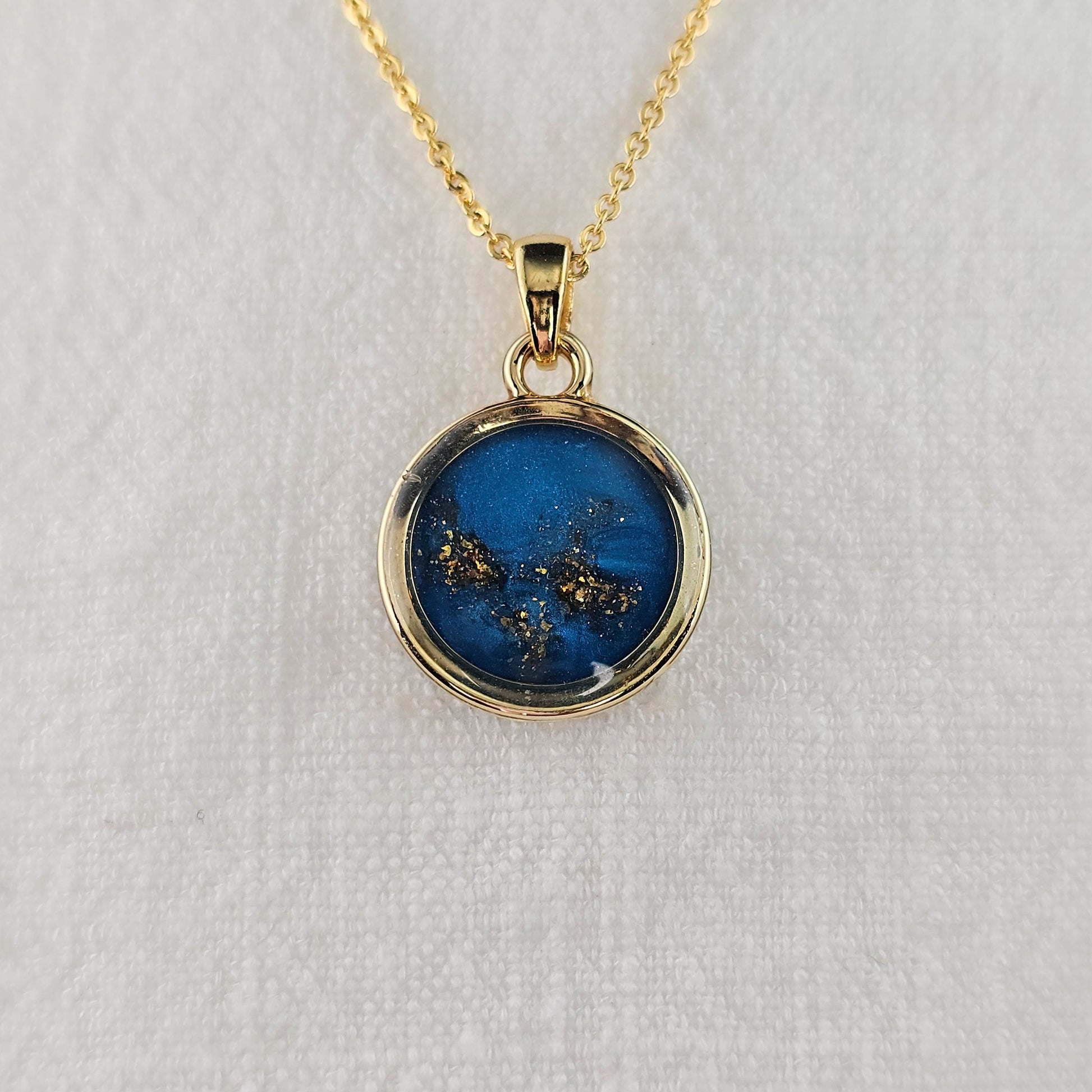 Handmade round pendant with blue shimmer and gold sparkles, 14k gold plated chain, gift for her