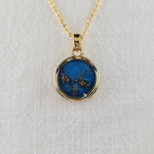 Handmade round pendant with blue shimmer and gold sparkles, 14k gold plated chain, gift for her