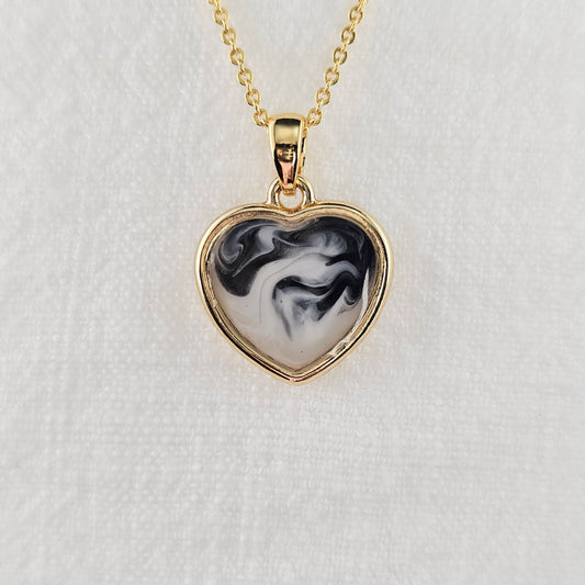 Handmade heart pendant with black and white swirls, 14k gold plated chain, gift for her