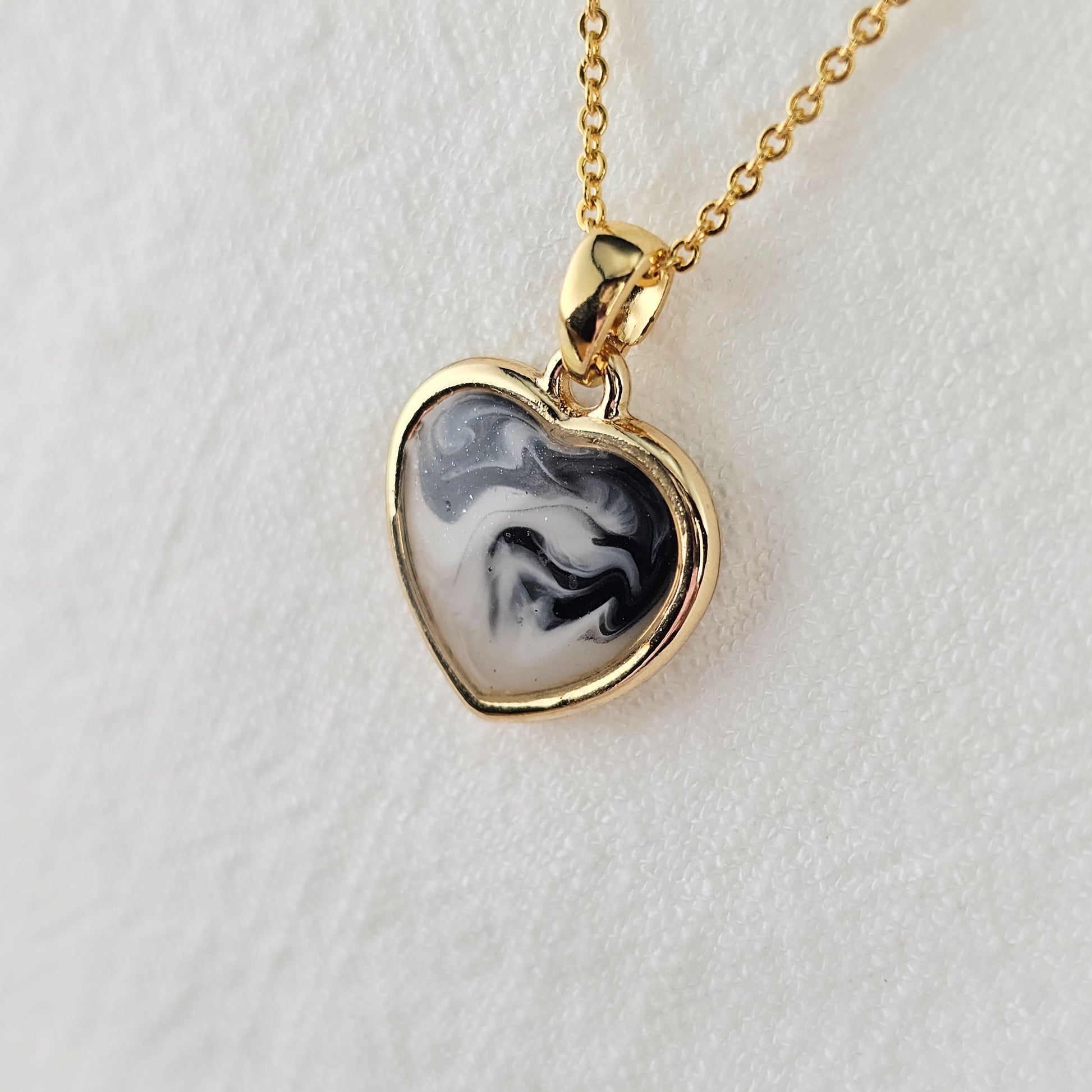 Handmade heart pendant with black and white swirls, 14k gold plated chain, gift for her