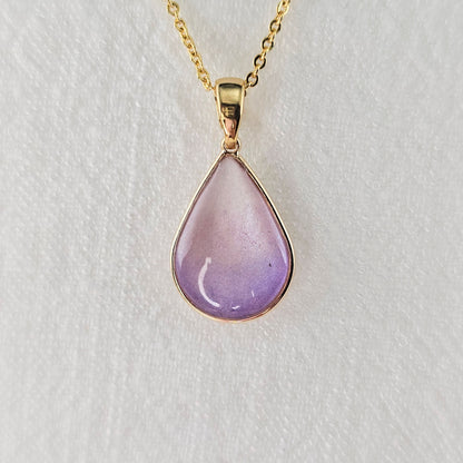 Handmade teardrop pendant with purple and white shimmer, 14k gold plated chain, gift for her