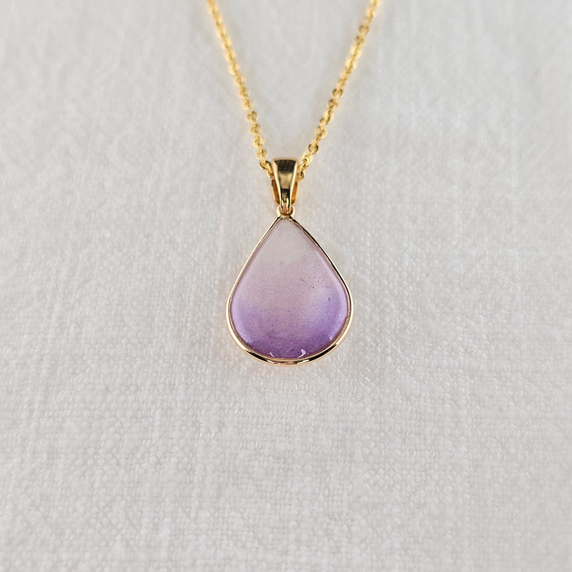 Handmade teardrop pendant with purple and white shimmer, 14k gold plated chain, gift for her