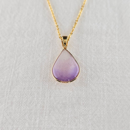 Handmade teardrop pendant with purple and white shimmer, 14k gold plated chain, gift for her