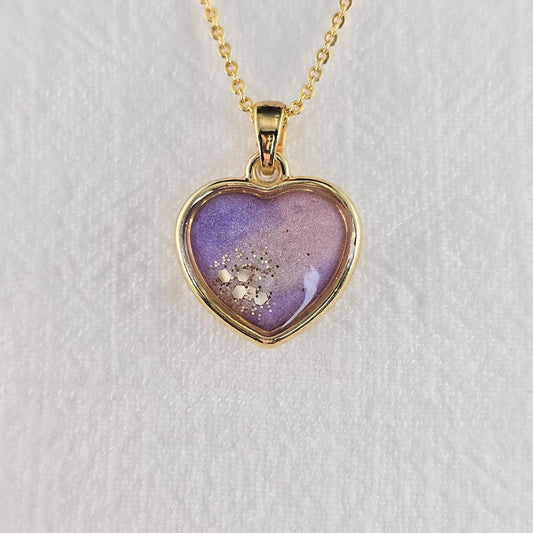 Handmade heart pendant with purple and white shimmer and gold flakes, 14k gold plated chain, gift for her