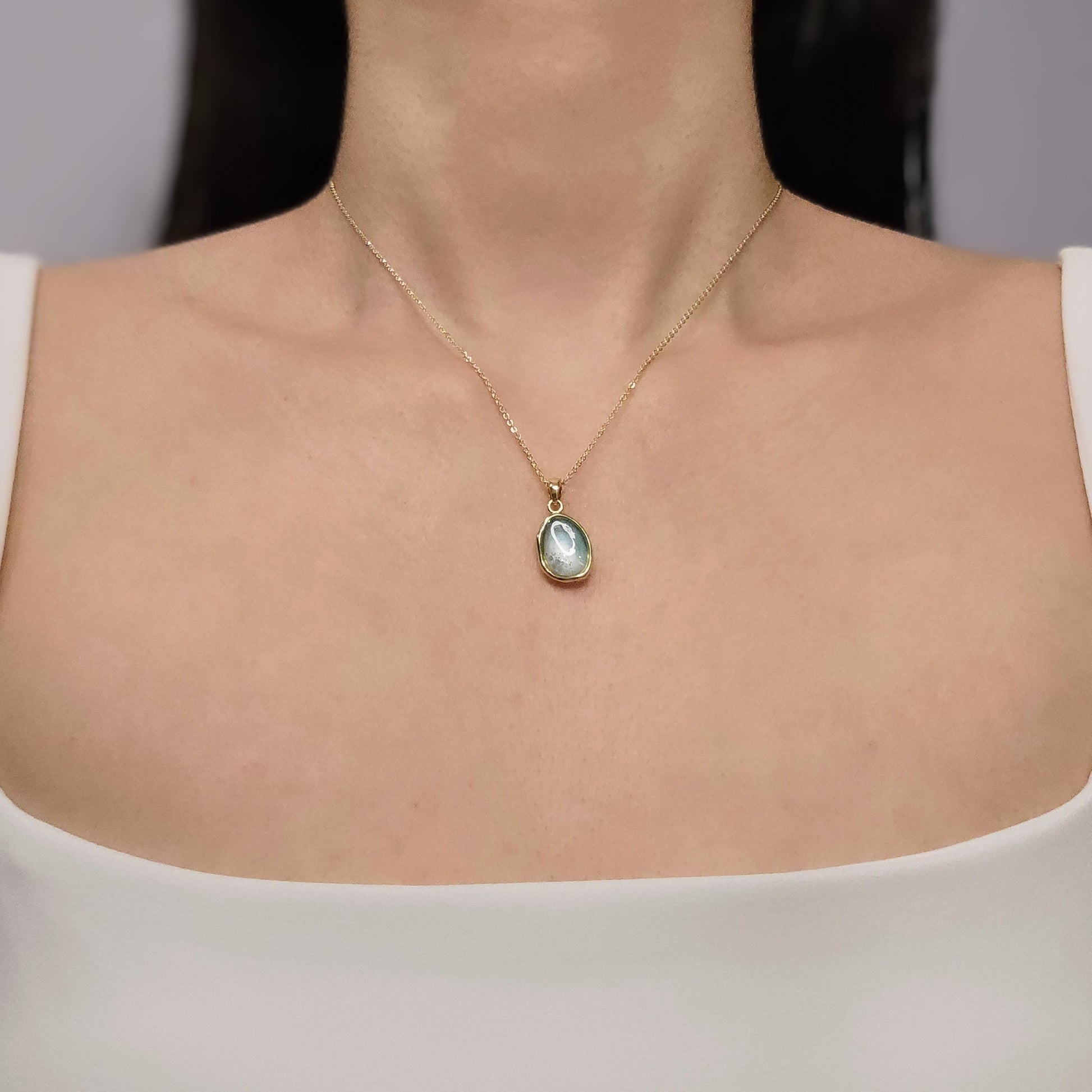 Handmade oval pendant with aquamarine and white shimmer and gold flakes, 14k gold plated chain, gift for her