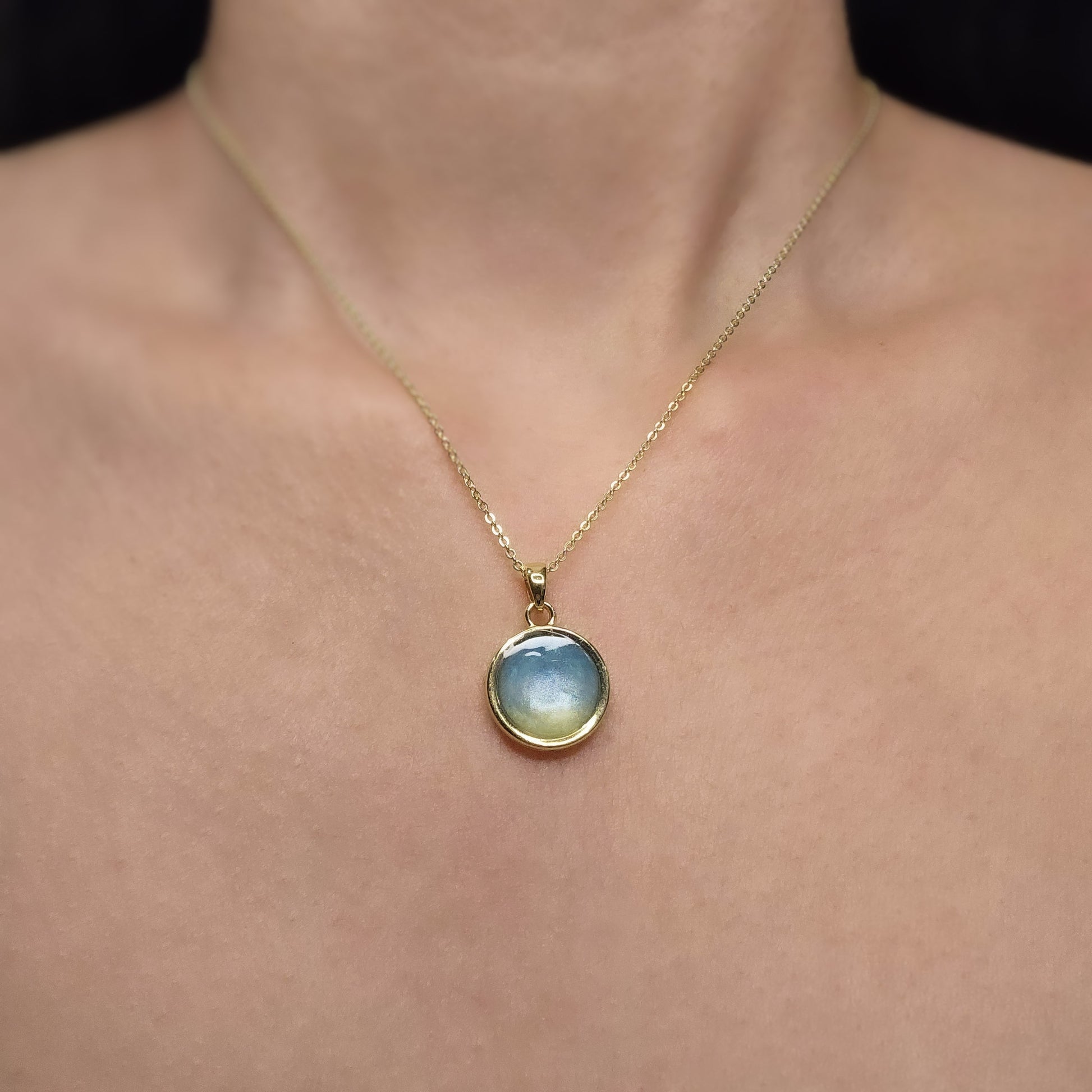 Handmade round pendant with blue and yellow shimmer, 14k gold plated chain, gift for her