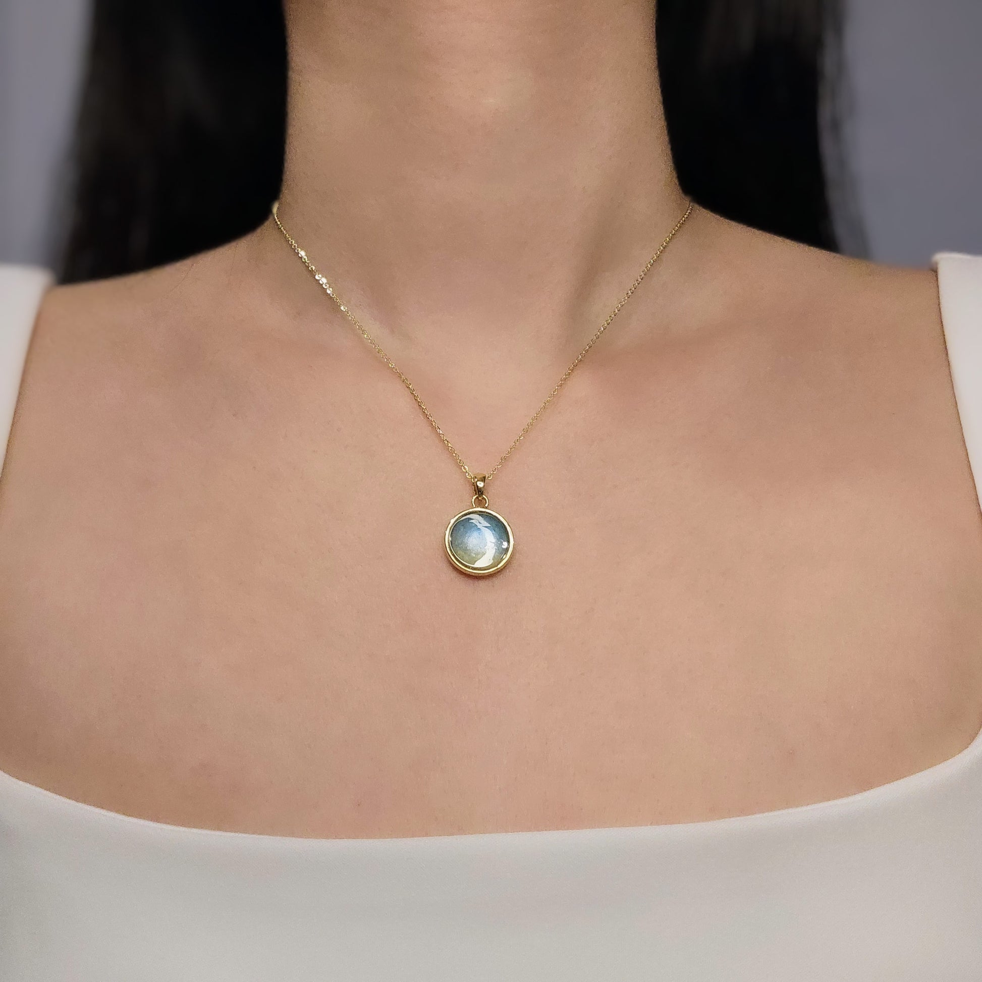 Handmade round pendant with blue and yellow shimmer, 14k gold plated chain, gift for her