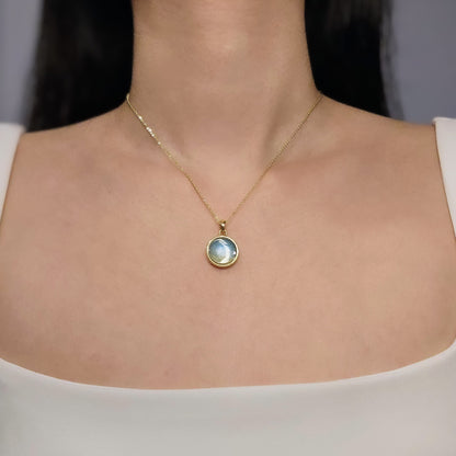 Handmade round pendant with blue and yellow shimmer, 14k gold plated chain, gift for her