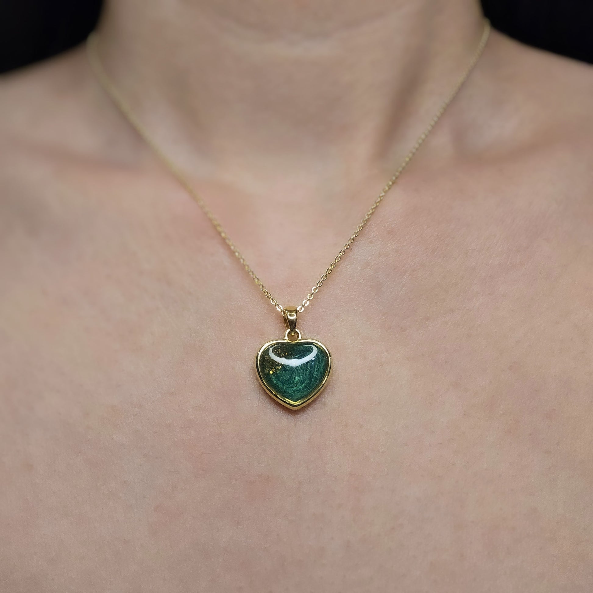 Handmade heart pendant with green shimmer and gold sparkles, 14k gold plated chain, gift for her