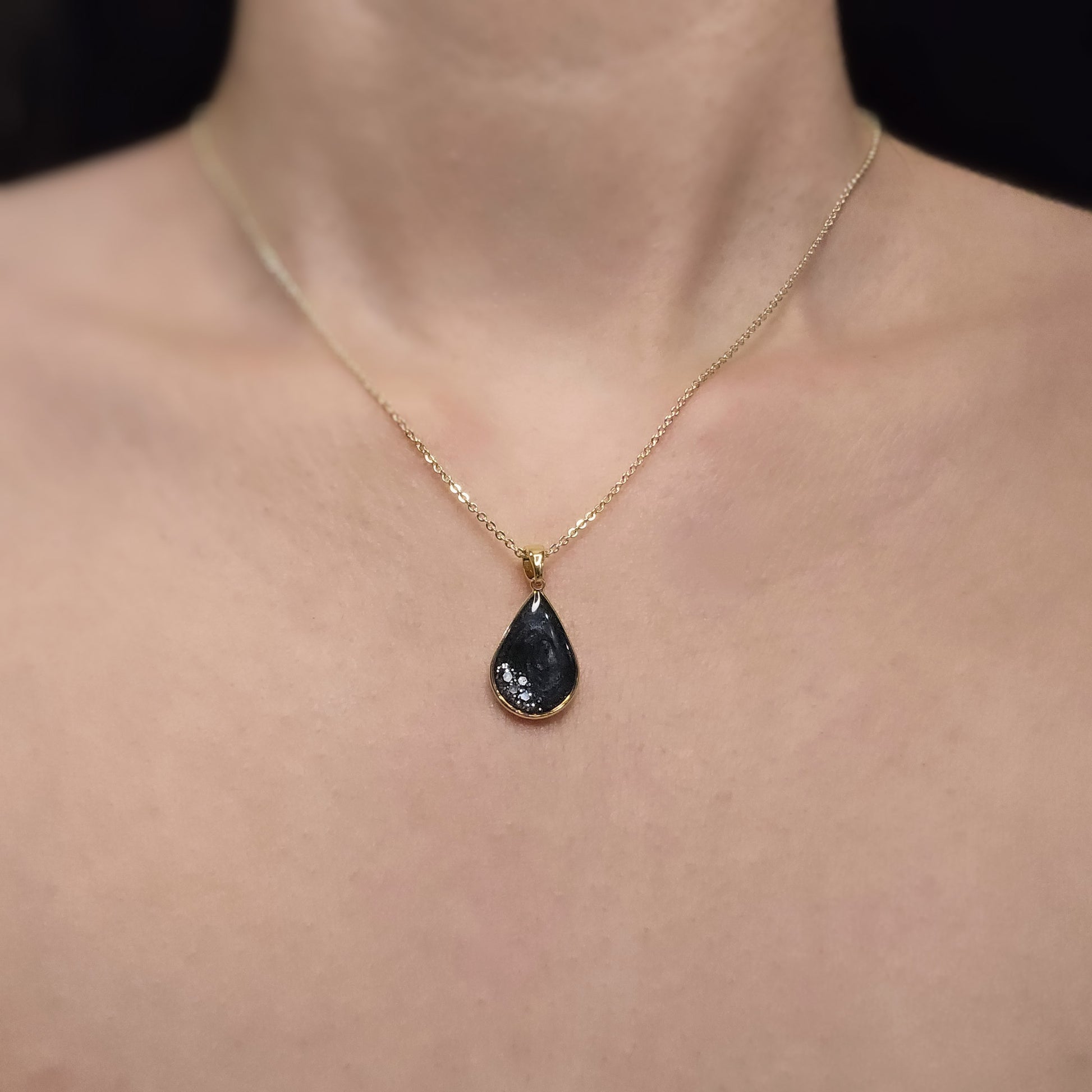 Handmade teardrop pendant with black and grey swirls and silver flakes, 14k gold plated chain, gift for her