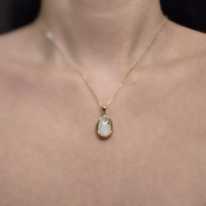 Handmade oval pendant with white shimmer and gold sparkles, 14k gold plated chain, gift for her