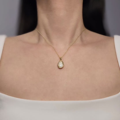 Handmade oval pendant with white shimmer and gold sparkles, 14k gold plated chain, gift for her