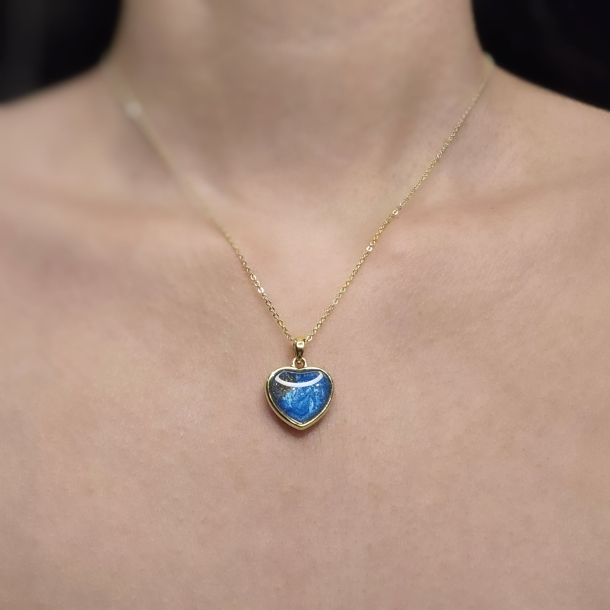 Handmade heart pendant with blue shimmer and gold sparkles, 14k gold plated chain, gift for her