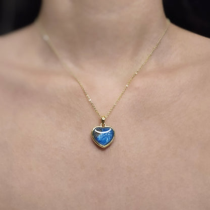 Handmade heart pendant with blue shimmer and gold sparkles, 14k gold plated chain, gift for her