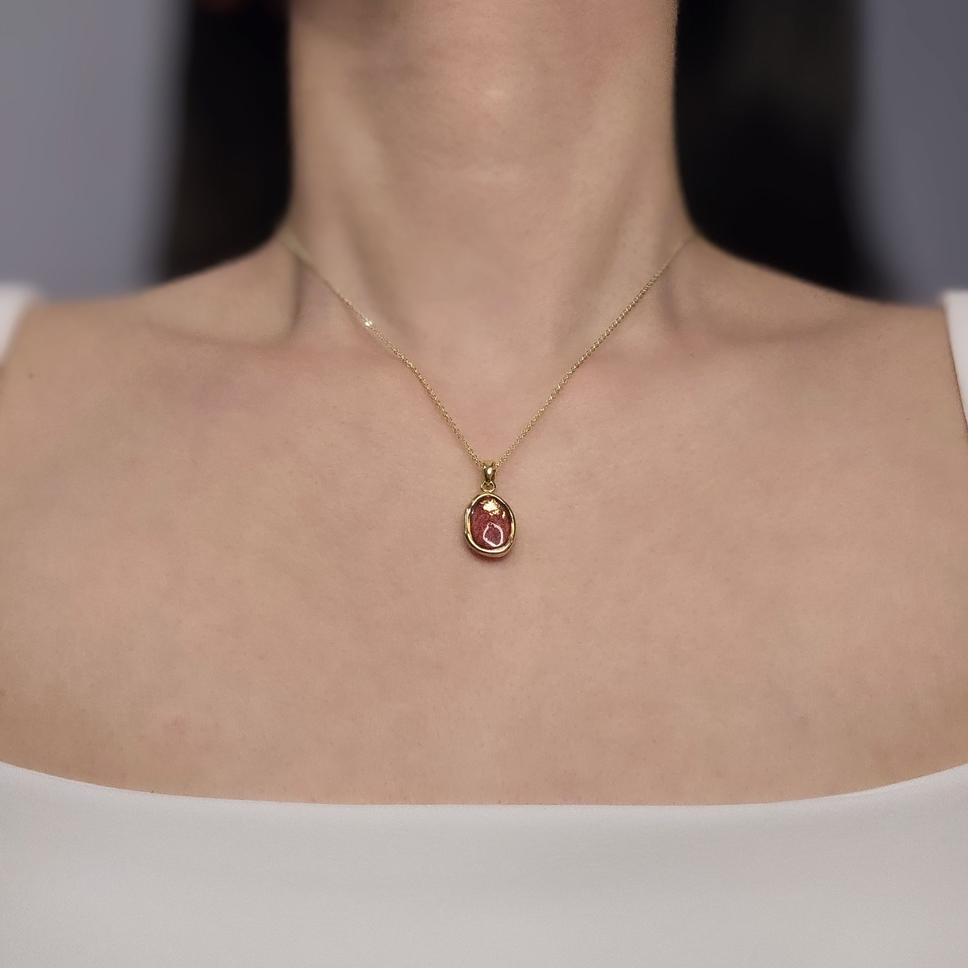 Handmade oval pendant with red shimmer and gold foil, 14k gold plated chain, gift for her