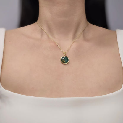 Handmade round pendant with forest green swirls and gold flakes, 14k gold plated chain, gift for her