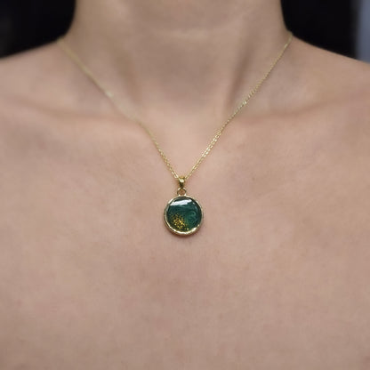 Handmade round pendant with forest green swirls and gold flakes, 14k gold plated chain, gift for her