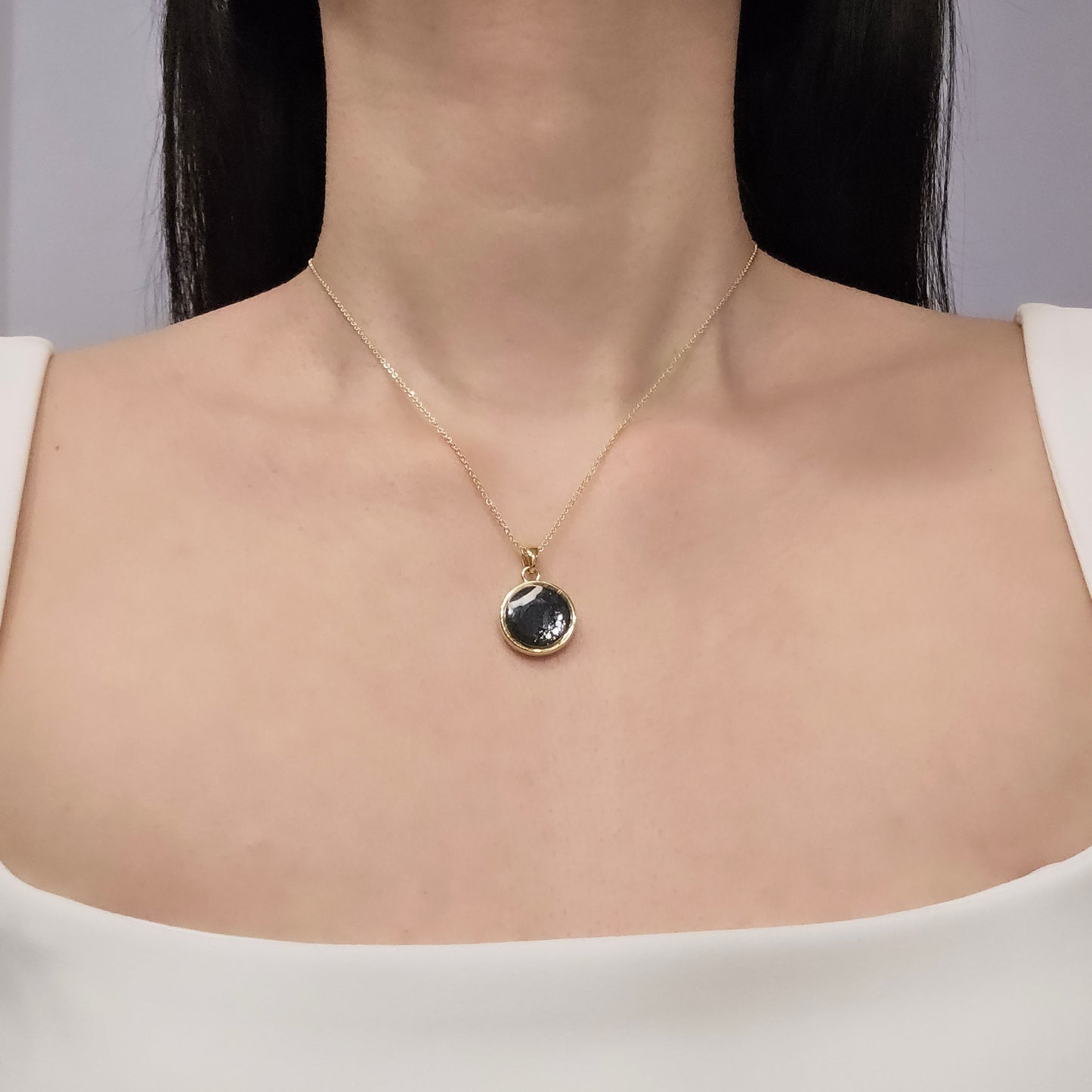 Handmade round pendant with black and grey swirls and silver flakes, 14k gold plated chain, gift for her