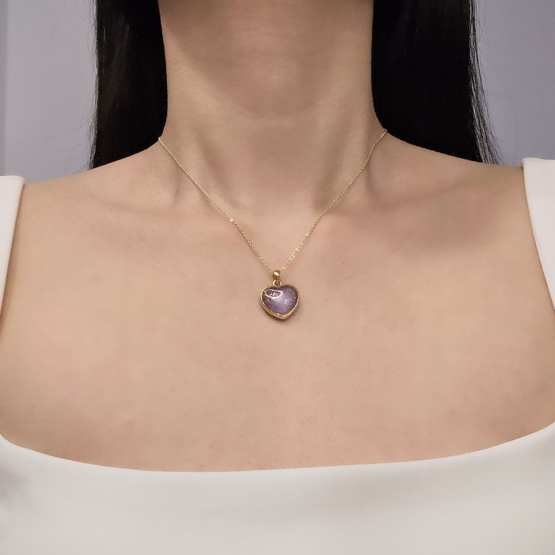 Handmade heart pendant with purple shimmer & pink foil, 14k gold plated chain, gift for her