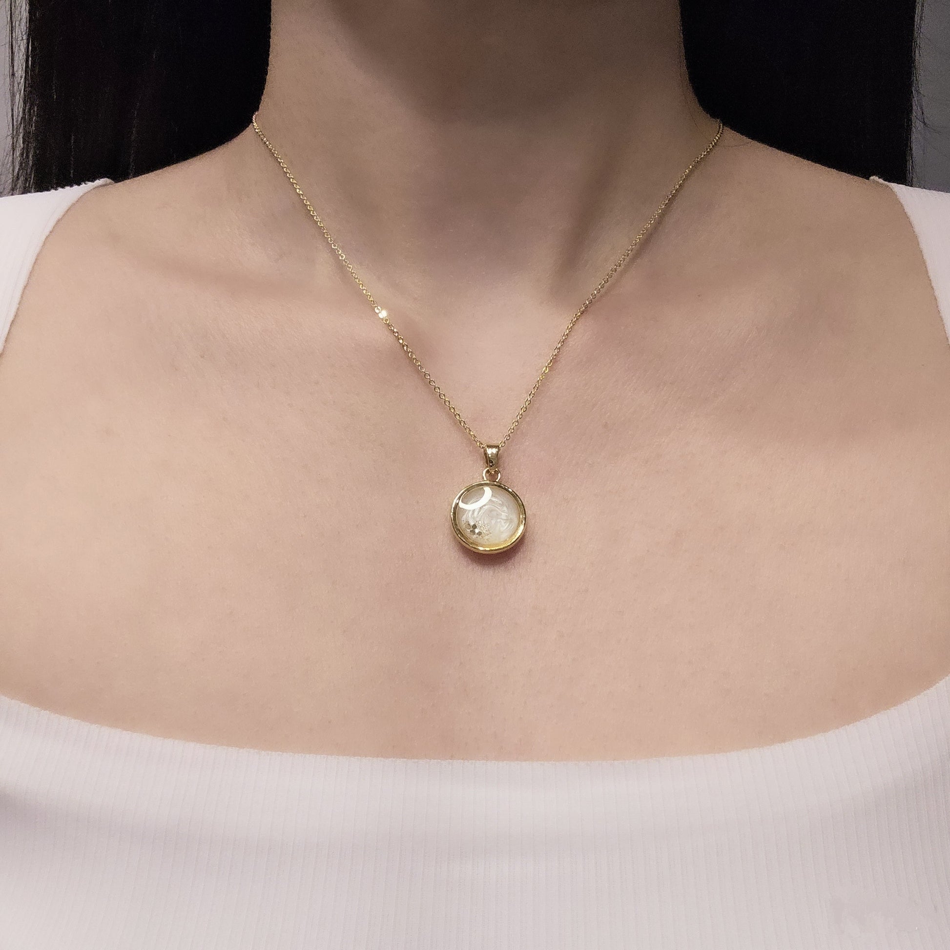 Handmade round pendant with white swirls and gold flakes, 14k gold plated chain, gift for her