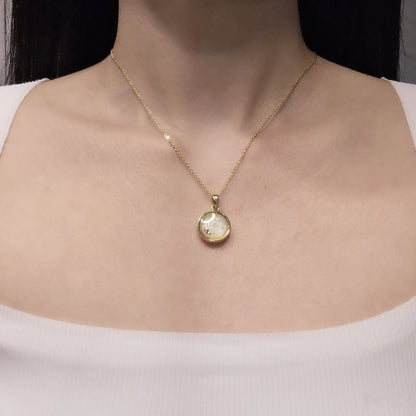 Handmade round pendant with white swirls and gold flakes, 14k gold plated chain, gift for her