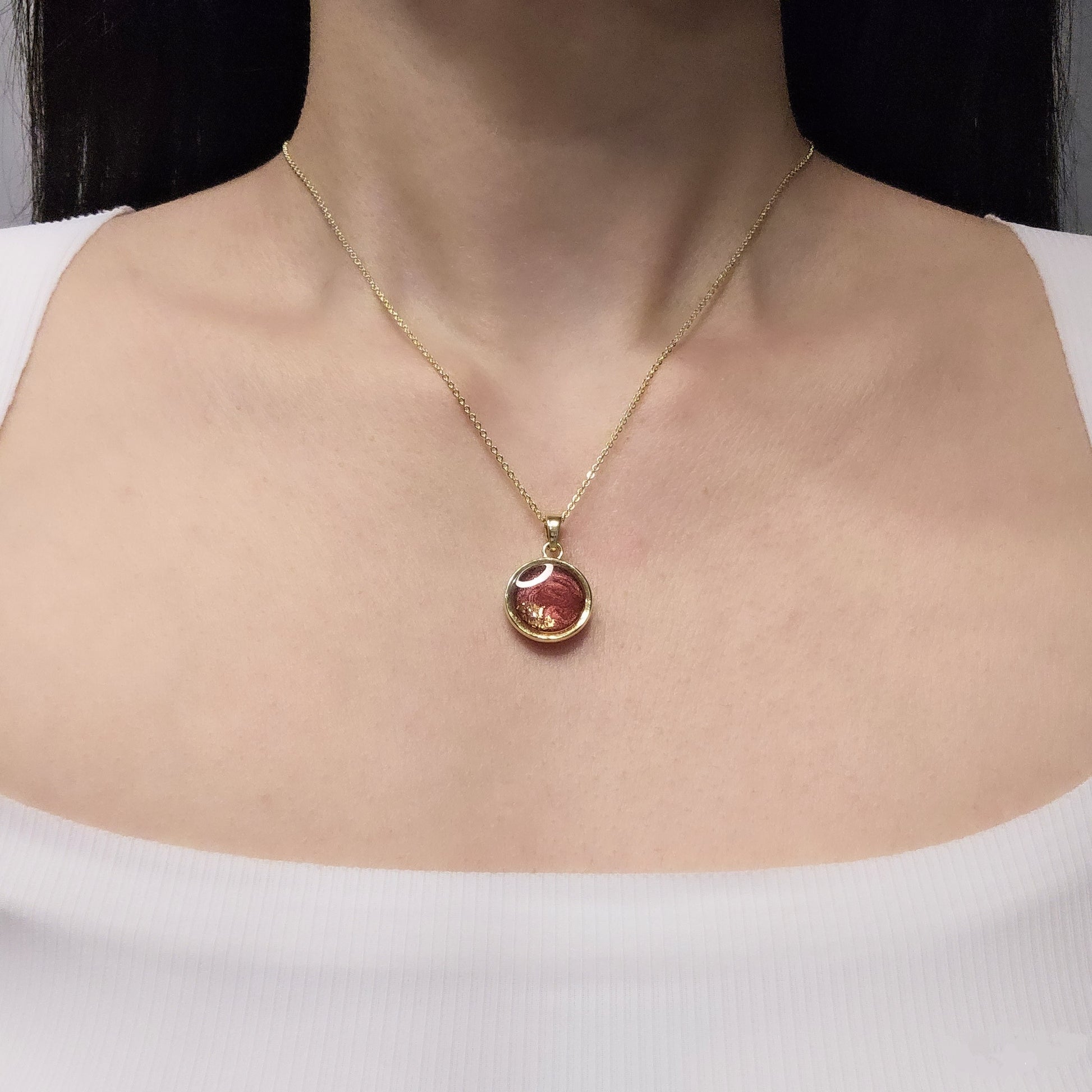 Handmade round pendant with red swirls and gold foil, 14k gold plated chain, gift for her
