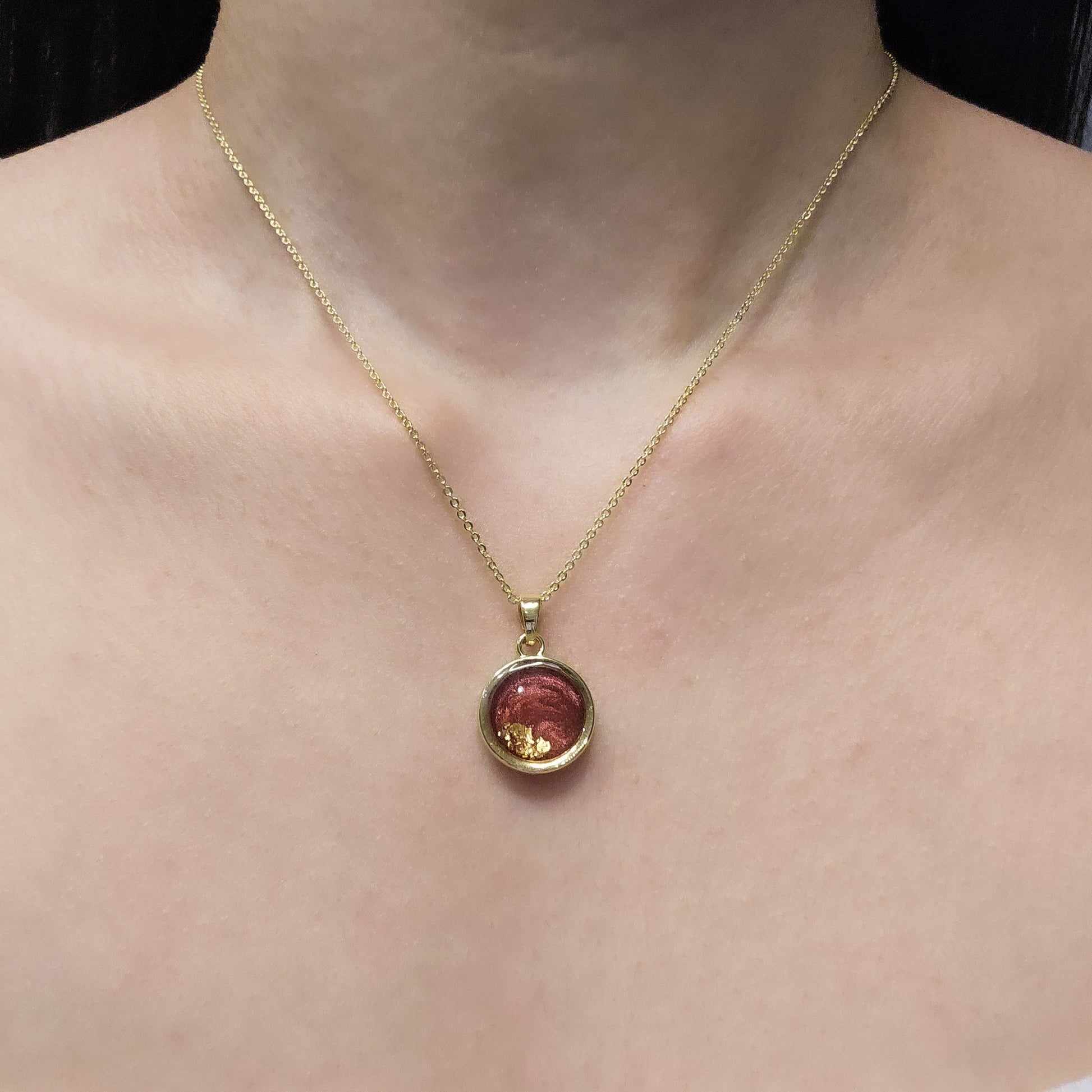 Handmade round pendant with red swirls and gold foil, 14k gold plated chain, gift for her