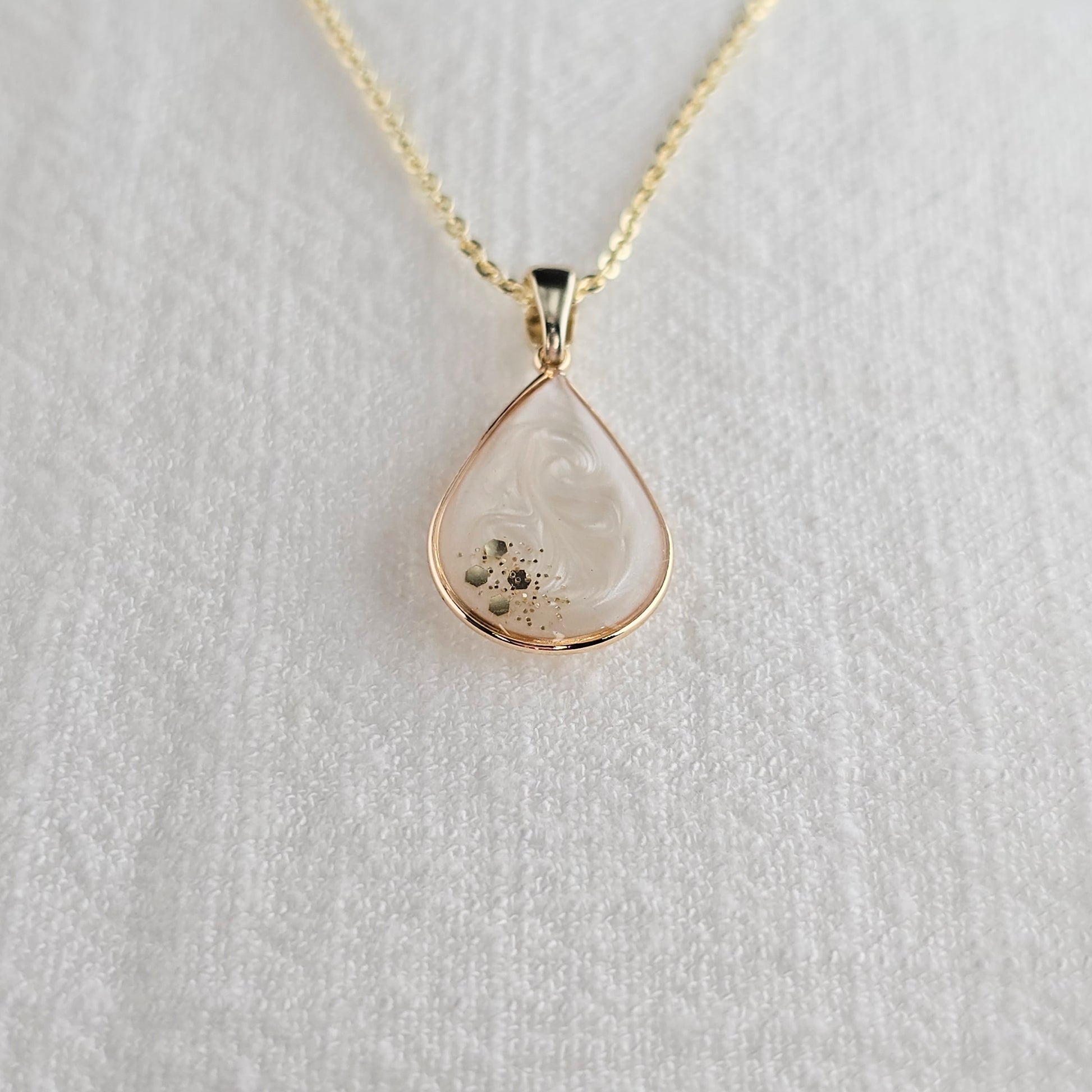 Handmade teardrop pendant with white swirls and gold flakes, 14k gold plated chain, gift for her