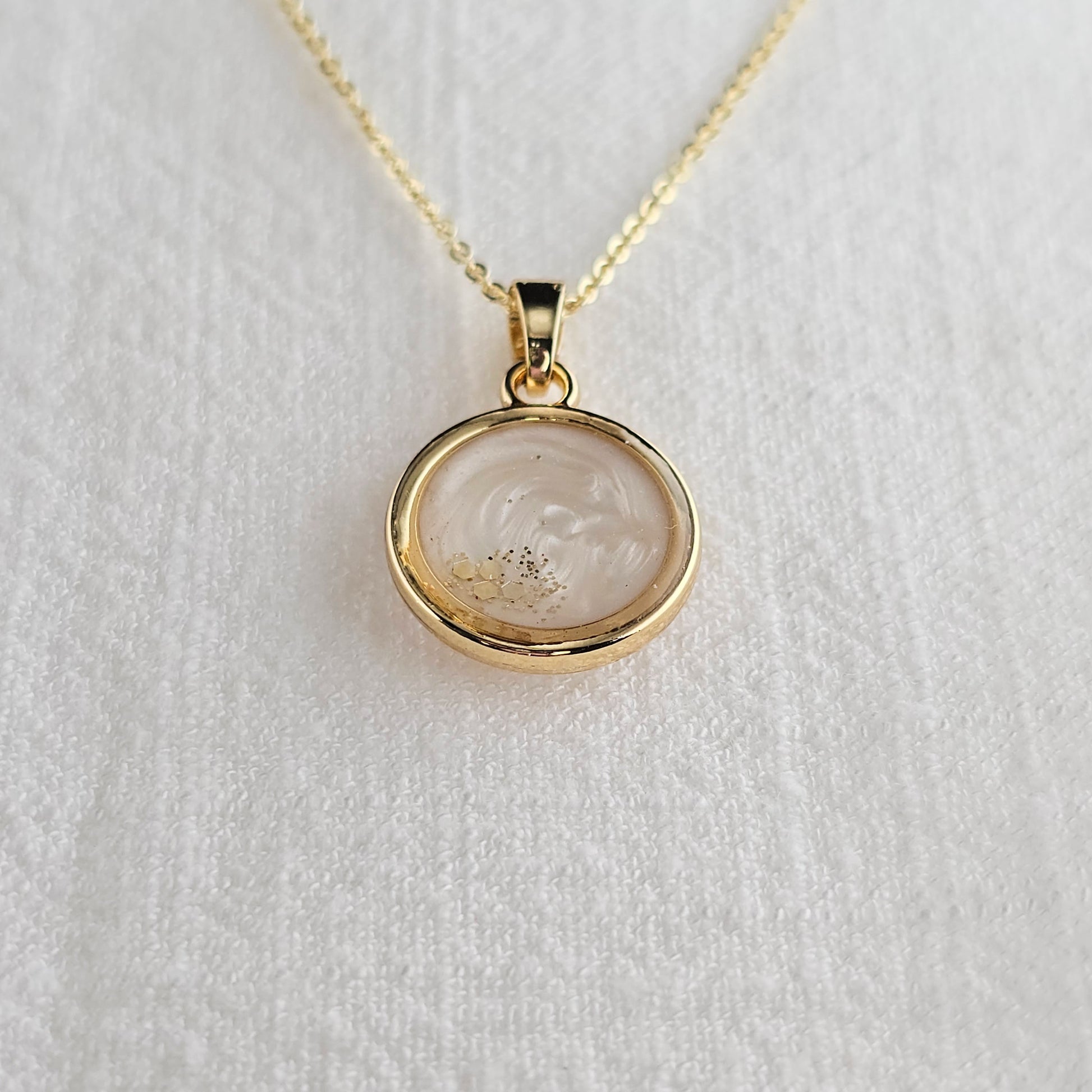 Handmade round pendant with white swirls and gold flakes, 14k gold plated chain, gift for her