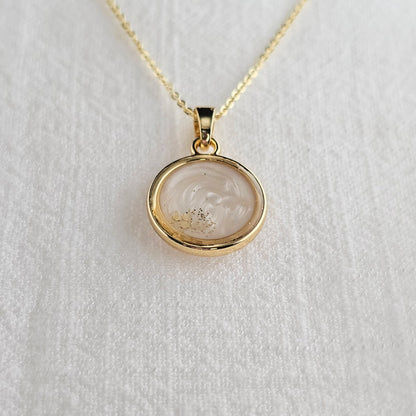 Handmade round pendant with white swirls and gold flakes, 14k gold plated chain, gift for her