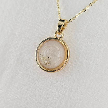Handmade round pendant with white swirls and gold flakes, 14k gold plated chain, gift for her