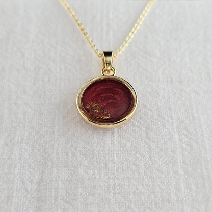 Handmade round pendant with red swirls and gold foil, 14k gold plated chain, gift for her
