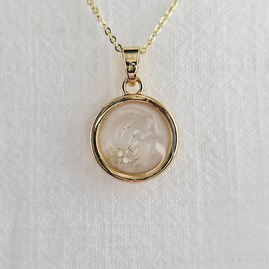 Handmade round pendant with white swirls and gold flakes, 14k gold plated chain, gift for her