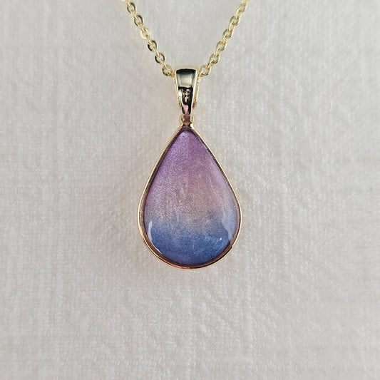 Handmade teardrop pendant with purple, pink and blue shimmer, 14k gold plated chain, gift for her