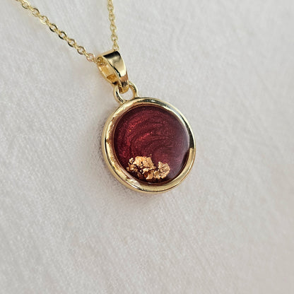 Handmade round pendant with red swirls and gold foil, 14k gold plated chain, gift for her